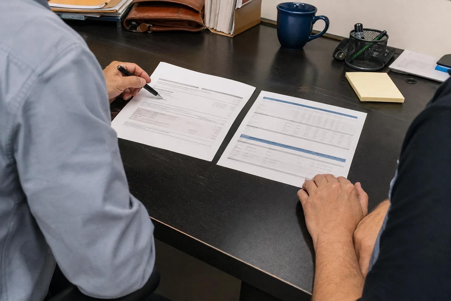 Two people at a dark office desk reviewing two printed documents side by side, one pointing with a pen, with a blue mug, pen holder and sticky notes nearby
