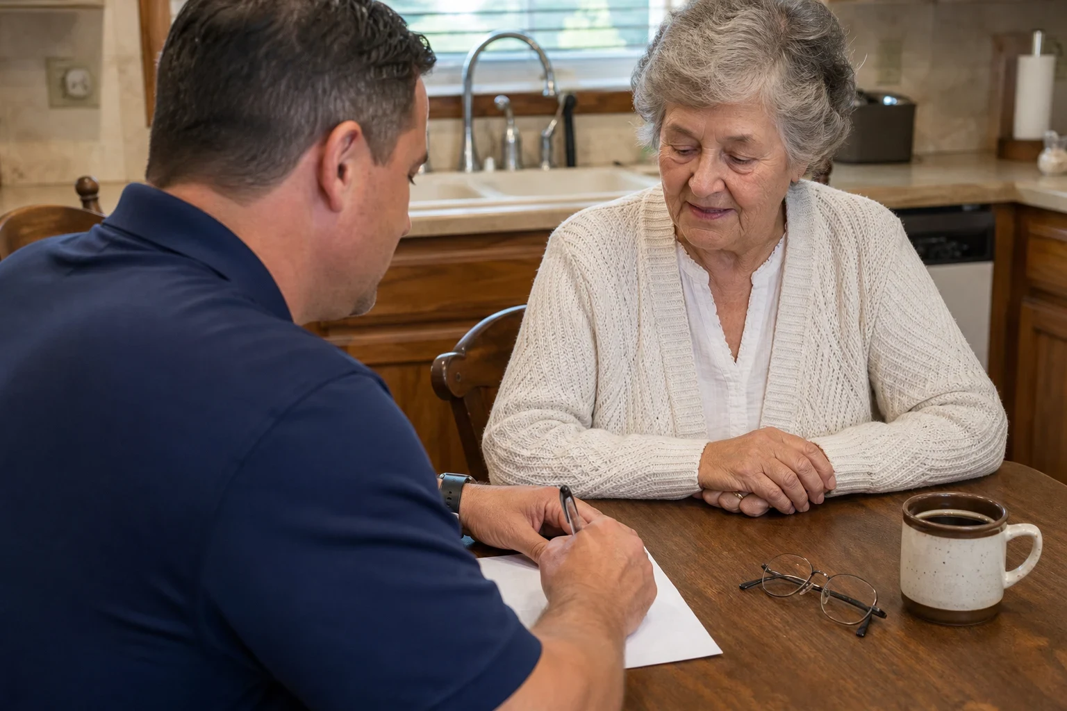 Agent in a navy polo writing on a sheet of paper at a wooden kitchen table beside an older woman in a cream cardigan, with reading glasses and a coffee mug nearby