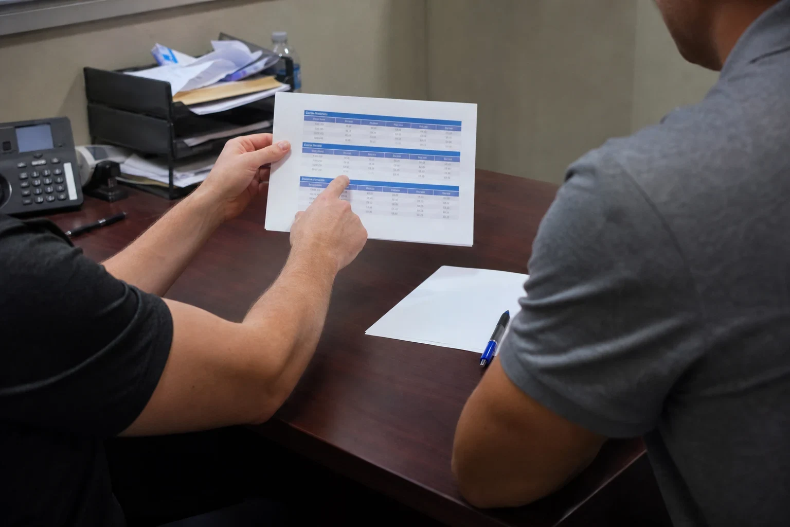 Two men at a dark wood office desk, one holding a printed table of coverage amounts and pointing to a row, with a desk phone and paper tray nearby
