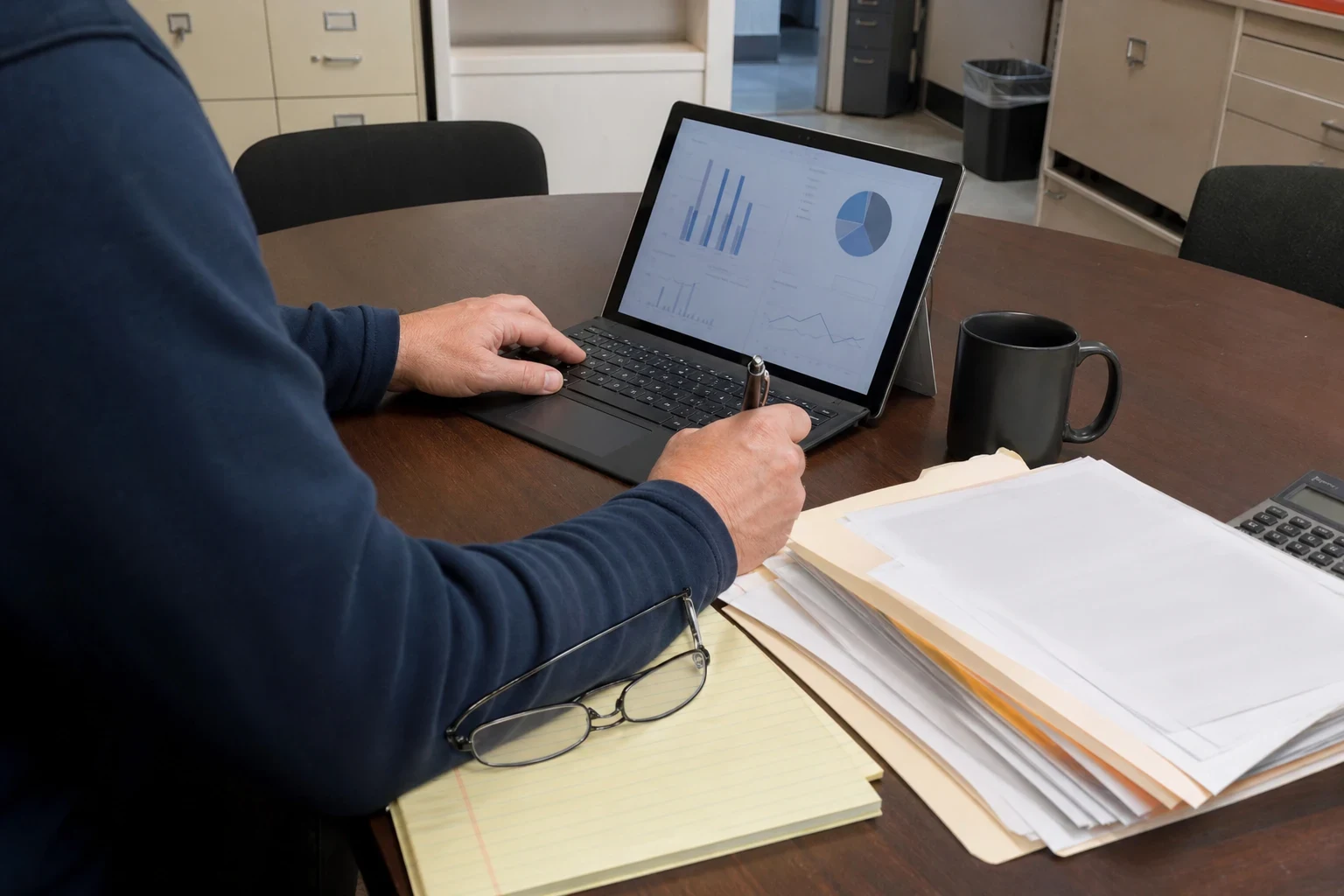 Person in a navy sweater at a round office table typing on a laptop showing charts, with file folders, a legal pad, reading glasses, a mug and a calculator nearby