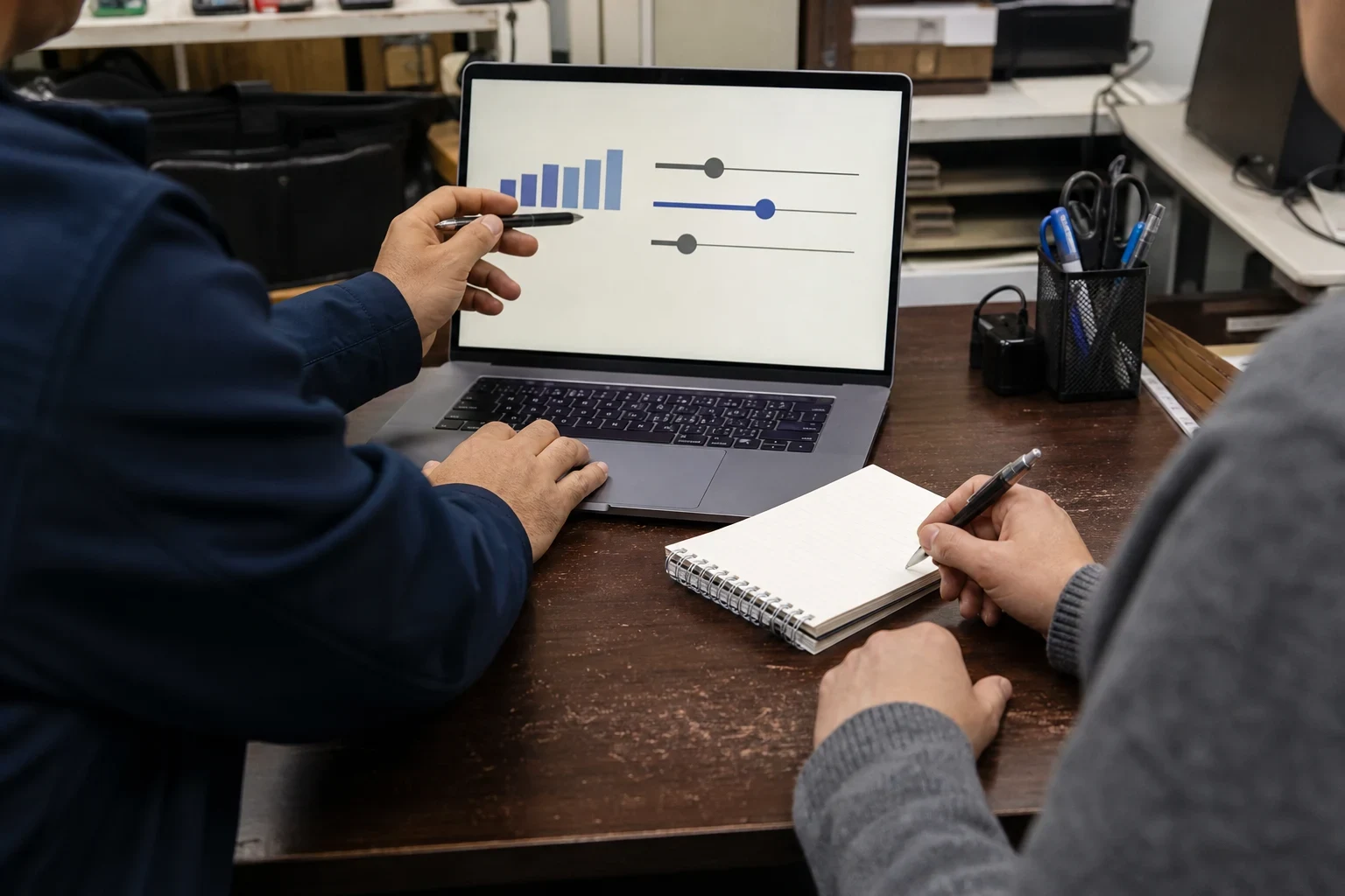 Over-the-shoulder view of an agent pointing a pen at a laptop showing a bar chart and sliders while a client takes notes in a notebook at an office desk